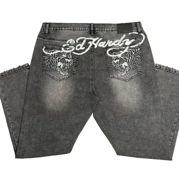 Ed Hardy Tiger Men's Jeans Slim Taper 39 x 31 Black/Grey Zipper-fly NWOT - Picture 1 of 15